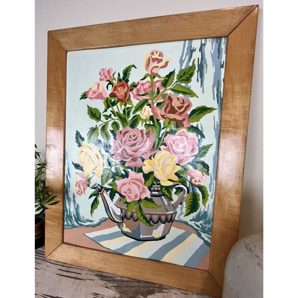 Vintage MCM Large Floral Teapot Paint By Number Painting Framed/ Great 28” x 22”